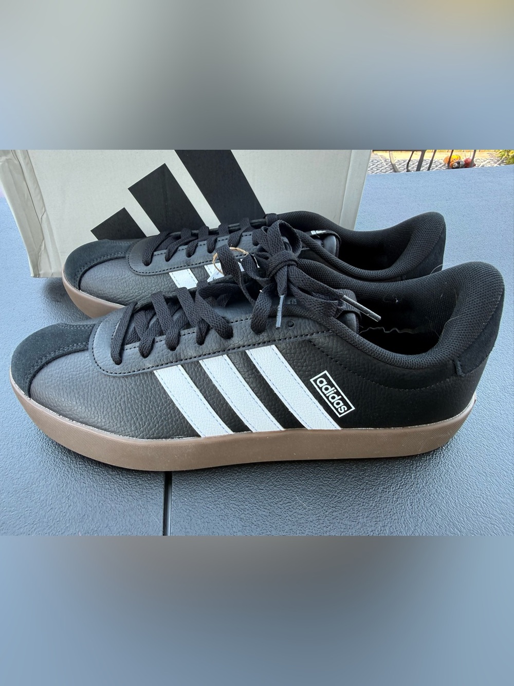 New Men’s adidas VL Court 3.0 Black and White with Tan Gum Soles Size 10.5